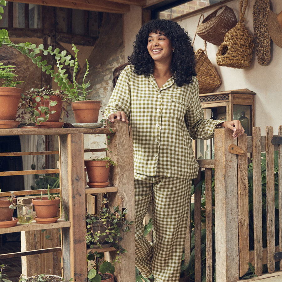 Vitatone Linen Pyjama Trousers Set – Botanical Green Gingham