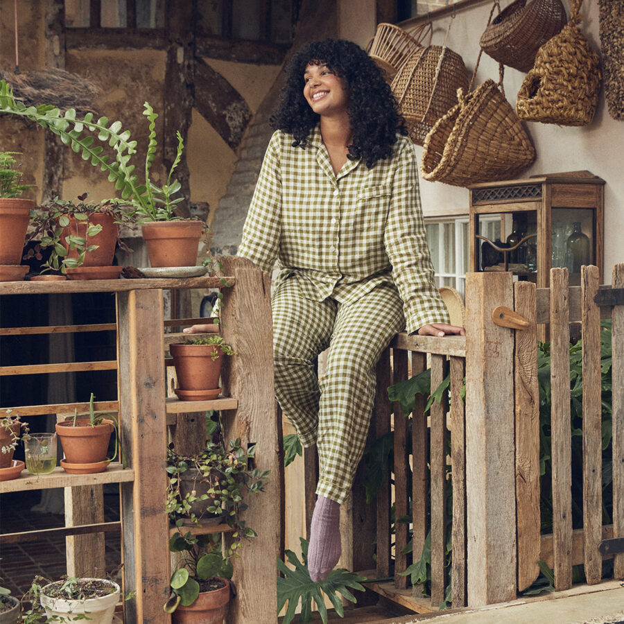 Vitatone Linen Pyjama Trousers Set – Botanical Green Gingham - Image 3